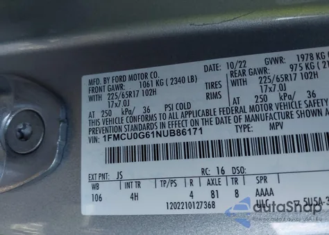 2022 Ford Escape Se z USA, uszkodzony, nr VIN 1FMCU0G61NUB86171